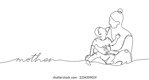 Mom holds a child in her arms, plays with him one line art with an inscription. Continuous line drawing of motherhood, family, love, child, care, childhood, worries, games with children.