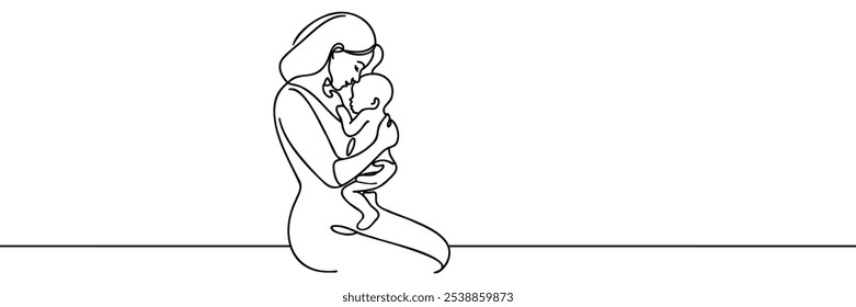 Mom holds a child in her arms one line art. Continuous line drawing of newborn, motherhood, family, love, child, care, worries.