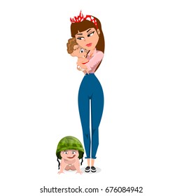 Mom holds a child in her arms. mother of many children. Mother is a loner. vector illustration