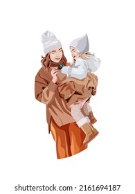 Mom holds a cute daughter in her arms in warm clothes and hats