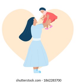 Mom holds daughter in outstretched arms, parent plays with child, vector illustration in flat style