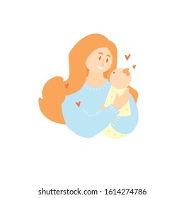 Mom holds in her arms a baby wrapped in a diaper. Woman hugs her baby. Motherhood