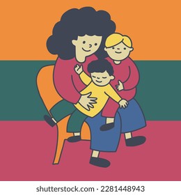 Mom holds her babies in her arms. Vector illustration in retro style.