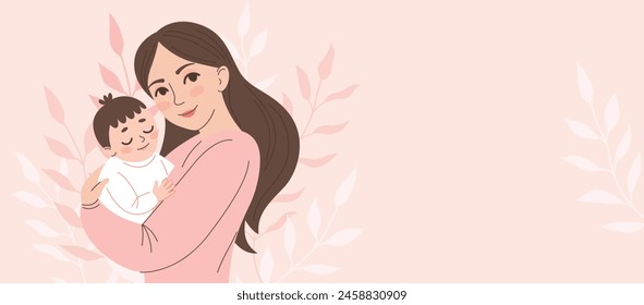 Mom holds her baby in her arms. Mom hugs the baby. Motherhood, parenthood. Woman with son, daughter. Mother's day banner, card. Vector cartoon illustration in flat style