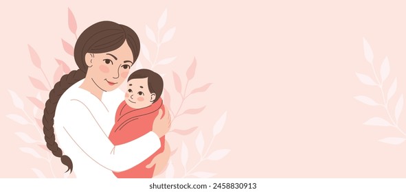 Mom holds her baby in her arms. Mom hugs the baby. Motherhood, parenthood. Woman with son, daughter. Mother's day banner, card. Vector cartoon illustration in flat style