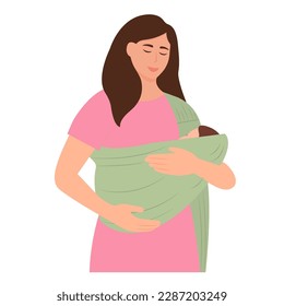 Mom holds her baby in a sling. Woman  carrying her reborn child in cotton sling, baby feeling love and protection from mother. Vector illustration