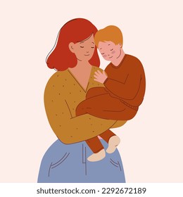 Mom holds her baby son in her arms. Mother and toddler. Concept of family, motherhood, childcare. Happy mother's day card. Vector illustration. Calm, happy family. Woman holding baby