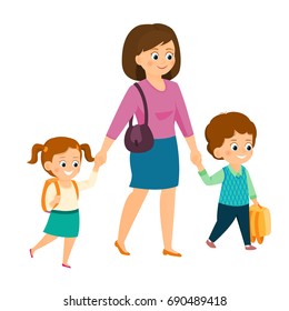 Mom holds her children's hand.Pupils go to school with mother.Isolated on white background. Cartoon style. Vector illustration