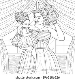 Mom holds her daughter in her arms.Coloring book antistress for children and adults. Illustration isolated on white background.Zen-tangle style. Hand draw