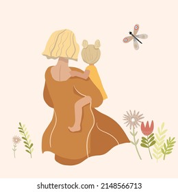 Mom holds her daughter on her side, they stand with their backs, view from the back, flowers, butterfly, blondes, vector illustration, happy mother's day.