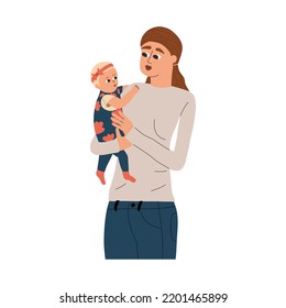 Mom holds her little daughter in her arms. Motherhood, love and family relationships. Vector illustration in hand drawn style