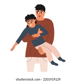 Mom holds her little son in her arms. Parent and child together. Happy family. Vector illustration in hand drawn style