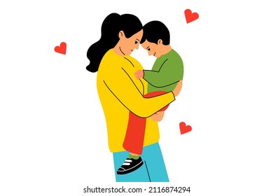 Mom holds her son in her arms. The concept of maternal love. Mom and Son