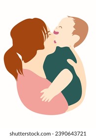 mom holds the infant in her arms and kisses him. baby's happy. mom's kiss