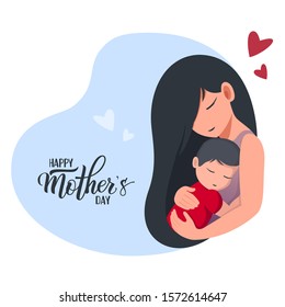 Mom Holds A Sleeping Baby. Handwritten Text Happy Mother's Day. Cartoon Flat Style. Isolated Vector Illustration For Logo, Poster, Icon, Label, Greeting Card, Print And Web Project.