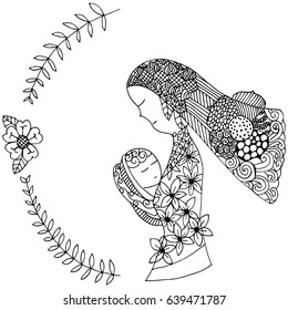 Mom hug baby drawing zentangle style. Mother's day concept. Doodle style. Stripes and flower, leaf and more stripes Together as a mother hug baby.