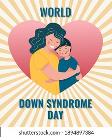 mom hug her son with down syndrome in a heart shape for world down syndrome day campaign poster vector illustration. used for campaign poster, social media post and other