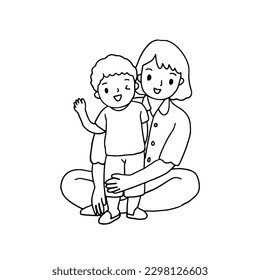 Mom hug son  outline drawing vector illustration