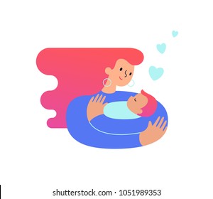 Mom hugging and cuddling her baby boy or girl and nursing him. Mother embracing newborn son and expressing love and care. Modern illustration could be used as logo symbol for banner or website. Vector