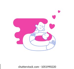 Mom hugging and cuddling her baby boy or girl and nursing him. Mother embracing newborn son and expressing love and care. Modern illustration could be used as logo symbol for banner or website. Vector