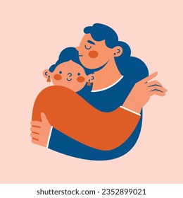 Mom hugging daughter. Abstract cute cartoon persons. Relationship between mother and child. Flat simple isolated illustration for sticker, card, logo. Togetherness, support, motherhood concept. 