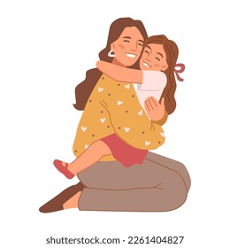 Mom hugging daughter, isolated smiling mother cuddling kid. Happy family moments and bonding, cheerful people spending time together. Vector in flat style