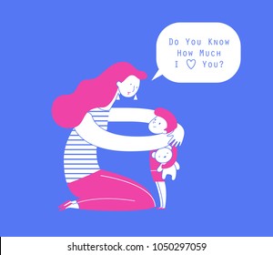 Mom hugging her child boy holding teddy bear and talking to him. Mother embracing little son and expressing love and care. Lovely cartoon characters isolated on white background. Vector illustration.