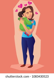Mom hugging her child boy  . Mother embracing little son and expressing love and care. Lovely cartoon characters isolated . Vector illustration.
