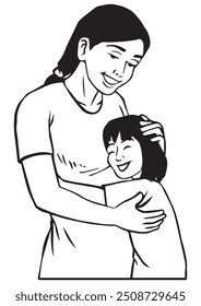 Mom is hugging her daughter. Illustration in black and white and vector format.