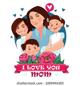 Mom is hugging three children. Happy large families. Vector illustration.