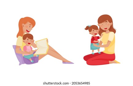 Mom hugging toddler babies set. Happy mothers sitting on floor while reading and playing with their kids cartoon vector illustration