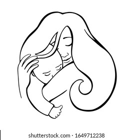Mom hugs baby. Continuous line art. Feminine happiness, parental care and love concept sketch. Hand drawn vector illustration with happy motherhood for mother day.
