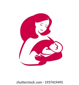 Mom hugs baby logo. Mothers day, motherhood symbol vector illustration