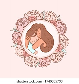 Mamá abraza a un bebé en un fondo rosado con flores corredizas. Feliz maternidad, cuidado de los padres y concepto de amor. Plantilla de invitaciones y tarjetas de felicitación. Ilustración vectorial con estilo dibujado a mano. 