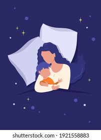 Mom hugs the child, sleeping together on a pillow covered with a blanket. Motherhood and son care. Happy childhood. World sleep day. Vector flat cartoon illustration