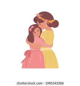 Mamá abraza a una linda hija con vestidos románticos. La adolescente ama a su madre. El concepto de paternidad y amor. Ilustración vectorial en estilo plano.