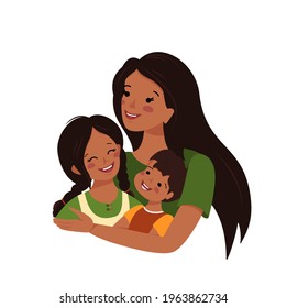 Mom hugs daughter and son. Happy mother day. Woman takes care of boy and girl. Cheerful people with black hair and dark skin. Children and parent laugh. Vector flat illustration
