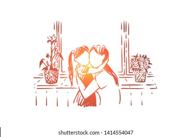Mom hugs daughter, young woman and little girl embrace, faceless parent, happy motherhood, mother day
