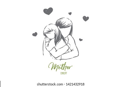 Mom hugs daughter, young woman and little girl embrace, faceless parent, happy motherhood, mother day. Feminine happiness, parental care and love concept sketch. Hand drawn vector illustration