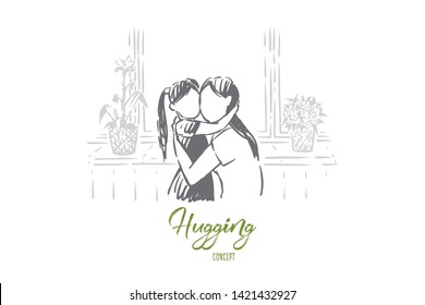 Mom hugs daughter, young woman and little girl embrace, faceless parent, happy motherhood, mother day. Feminine happiness, parental care and love concept sketch. Hand drawn vector illustration