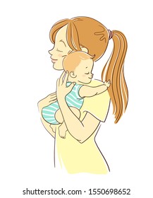 Mom hugs her baby. Mother's Day. Cartoon vector illustration. 