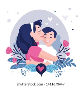 Mom hugs her child.  Flat vector illustration.
