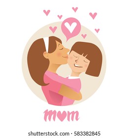 Mom hugs her child.  Flat vector illustration.