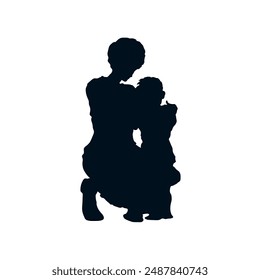 Mom hugs her child. Isolated silhouette of mother and son. Happy family art. Black drawing. Mom regreds her kid scene. Vector illustration