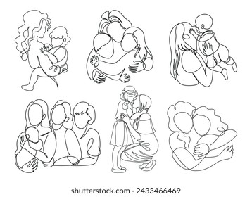 Mom hugs her children. A young mother holds and kisses her child. Mother talking to little daughter. An adult daughter hugs her mother. Grandmother, daughter, granddaughter with a baby. Vector set