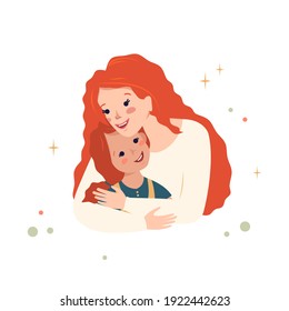 Mom hugs her daughter. Happy family. Mother love for children. International women day. Parenting and caring. Cute beautiful people with red hair and faces. Vector flat cartoon illustration 