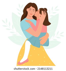 Mom hugs her daughter. Mother holds child.Parent shows love and care. Vector illustration