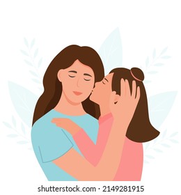 Mom hugs her daughter. Mother holds child.Parent shows love and care. Vector illustration