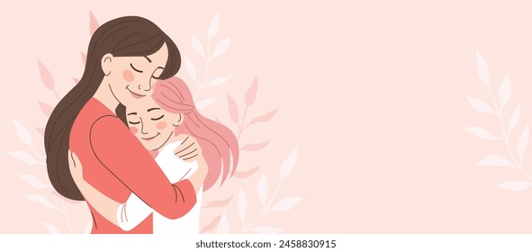 Mom hugs her daughter. Motherhood, parenthood. Woman with child. Mother's day banner, card. Vector cartoon illustration in flat style.Banner with space for text