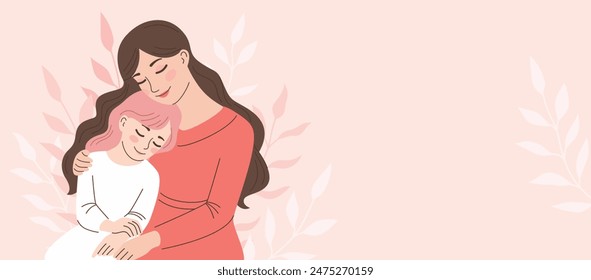 Mom hugs her daughter. Motherhood, parenthood. Woman with child. Mother's day banner, card. Vector cartoon illustration in flat style.Banner with space for text